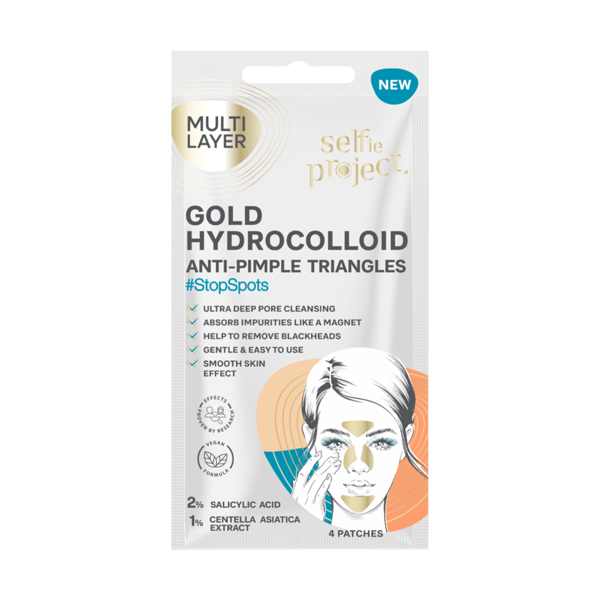 Патчі для обличчя Selfie Project StopSpots Gold Hydrocolloid Anti-Pimple Triangles проти прищів, з саліциловою кислотою та екстрактом центели, 4 шт
